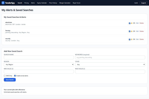 TenderSpy email alerts management page listing saved searches
