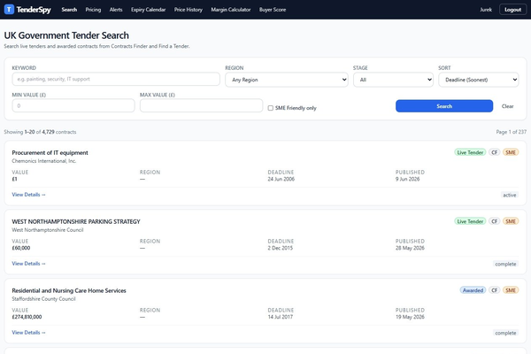 TenderSpy contract search interface with filters and results list